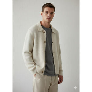 H&M Brushed Wool Blend Cardigan ivory Gorp Core preppy fuzzy soft Men Sz-L